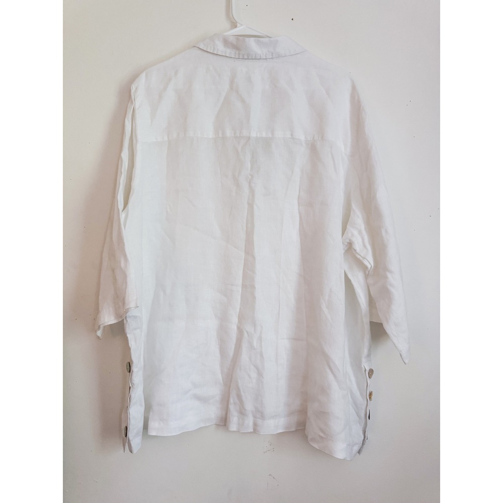 White 100% Linen Tunic Top 2X Sigrid Olsen Coastal Grandma Button Side Split V - Picture 5 of 6